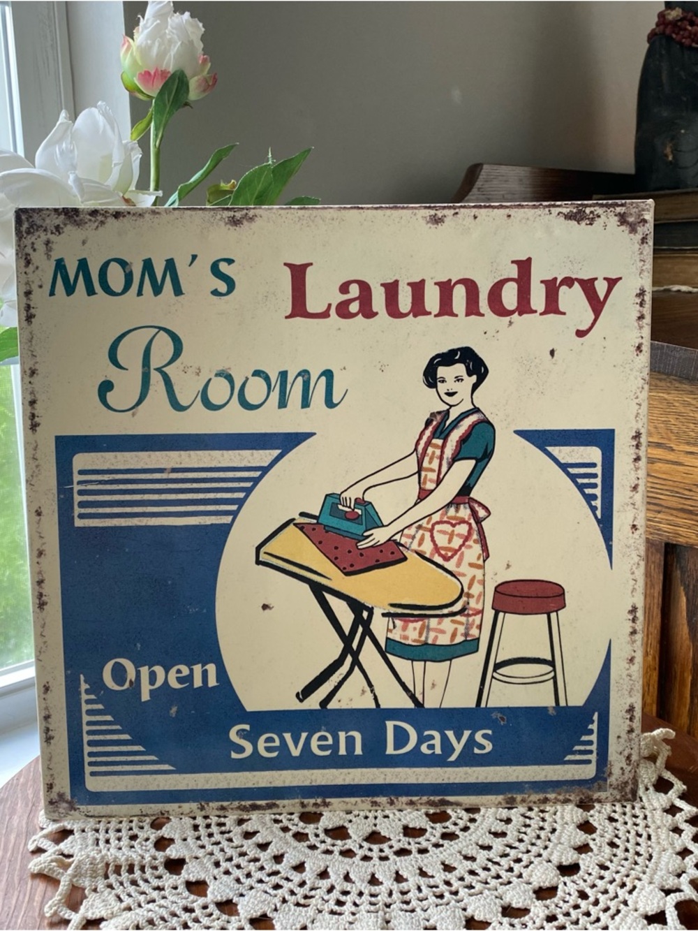 Vintage Style “Mom’s Laundry Room”Metal Sign 1950’s Motif EUC